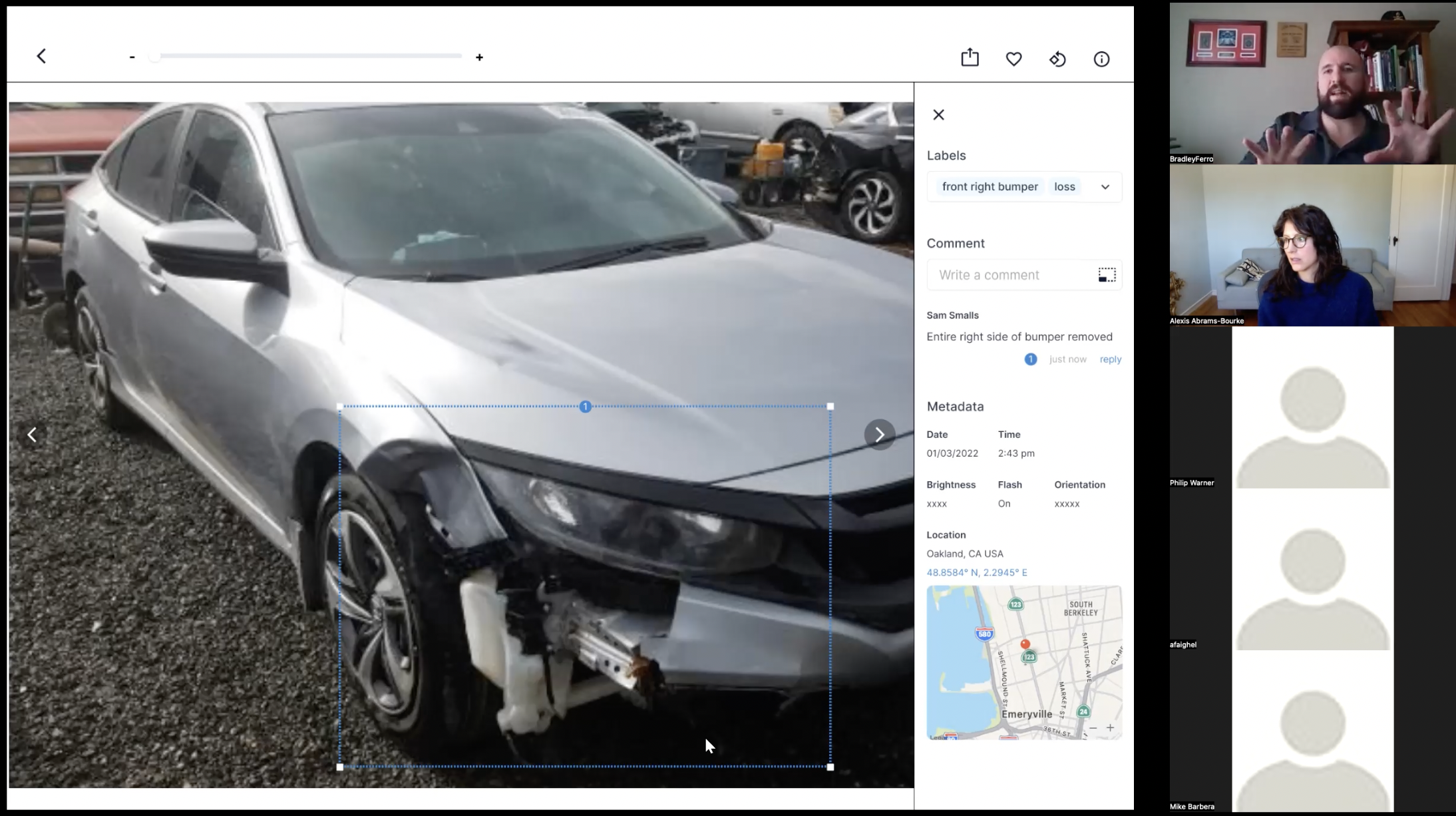 A video call screenshot of a working session with Brad, an adjuster, walking through annotation functionality.